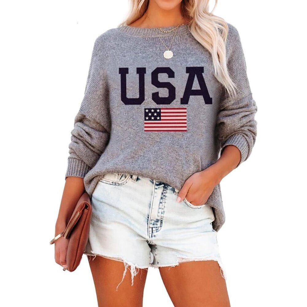 Women’s Patriotic Sweater Long Sleeve Crewneck USA Flag Casual Top
